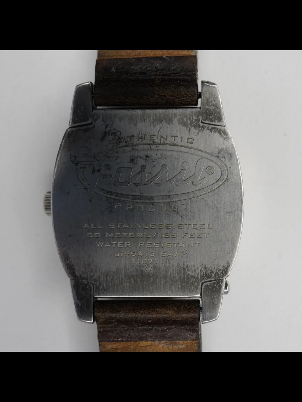 Vintage Fossil JR 9413 Flip Wide Leather Cuff Strap Day Date 36mm Watch Runs